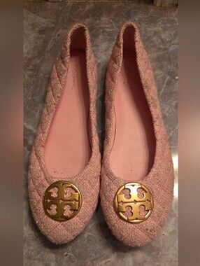 Tory Burch Pink Quilted Ballet Flats with Gold Logo